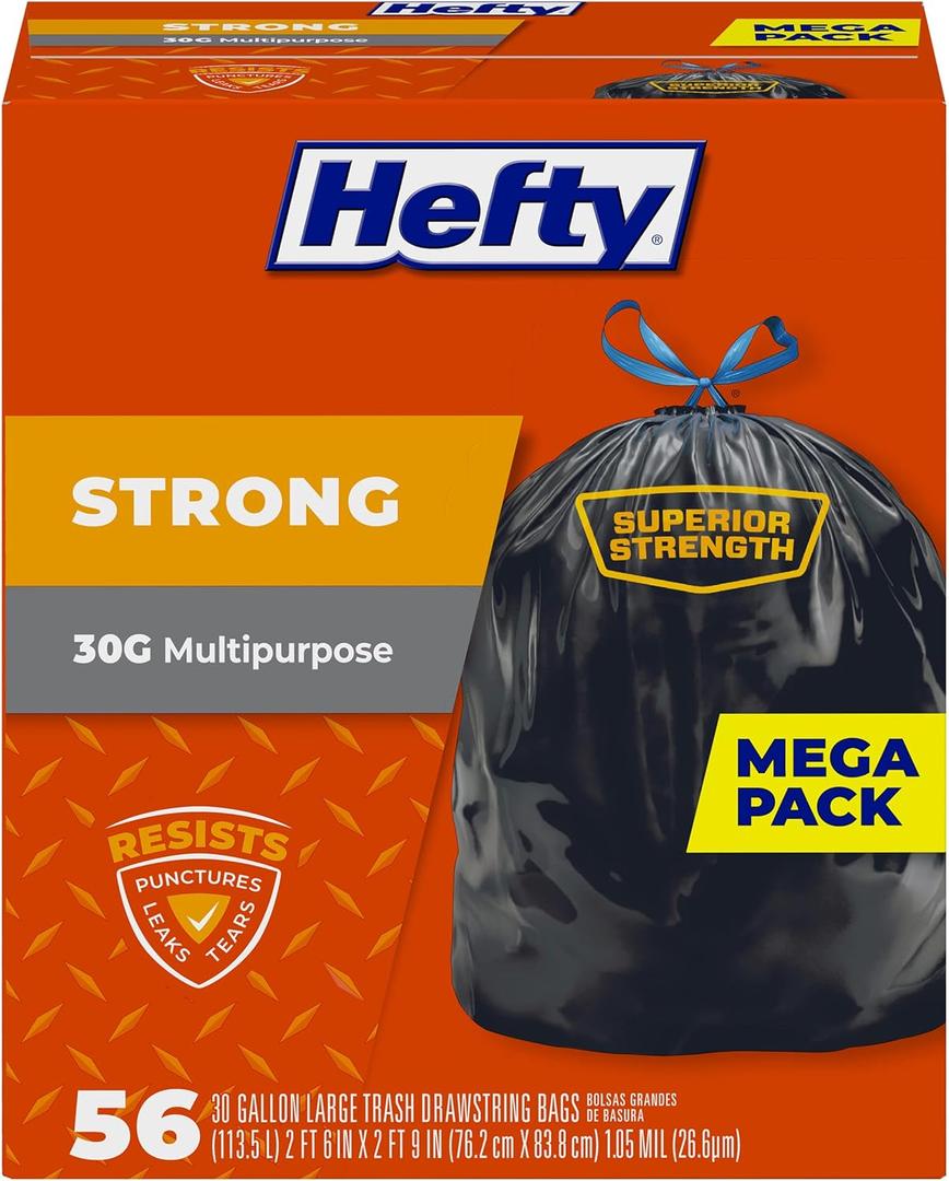 Hefty Strong 30 Gallon Trash Bags, Large Trash Bags 30 Gallon Size, Durable Drawstring Enclosure, Resists Punctures, Leaks, and Tears, Black, Unscented, 56 Bags (56 Count (Pack of 1))
