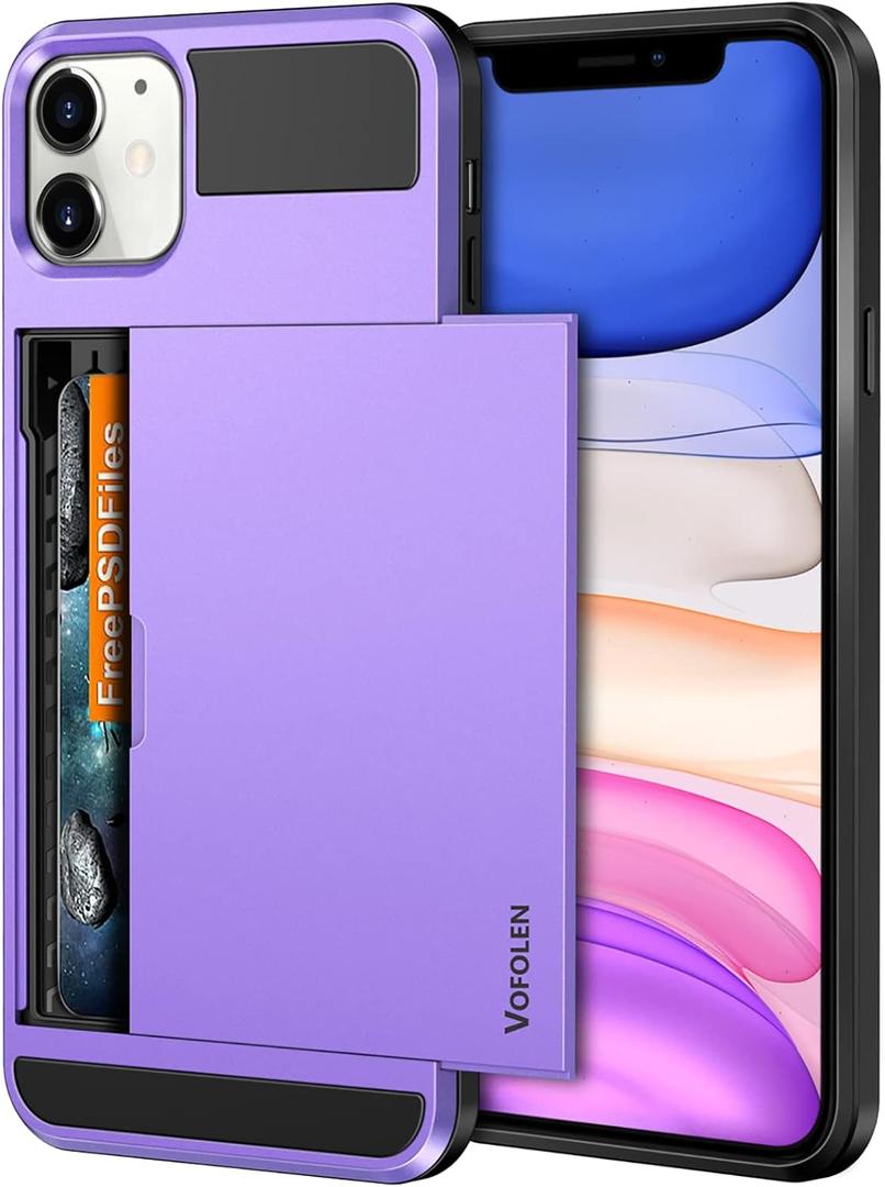 Vofolen Case for iPhone 11 Case Wallet Credit Card Holder ID Slot Sliding Door Hidden Pocket Anti-Scratch Dual Layer Hybrid Bumper Armor Protective Hard Shell Back Cover for iPhone 11 6.1 Light Purple