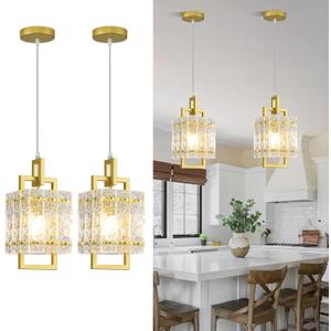 Gold Pendant Light Fixture - Modern Kitchen Island Water Ripple Glass Square Light - Adjustable Hanging Lighting for Kitchen Dining Room Over Island - 2 Pack, L7" x W7" x H12"