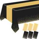 6 Pack Rectangle Plastic Dot Tablecloth Set, 54 X 108 Inch Plastic Table Cover, 12 x 108 Inch Satin Table Runners for Wedding Graduation Birthday New Year Party Decorations (Black, Gold)