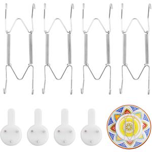 4 Pack Plate Hangers for Wall 6-8 Inch, Stainless Steel Invisible Heavy-Duty Wire Plate Holder with Wall Hooks, Display Hanger for Decorative Plates, Dishes & Platters(Silver)