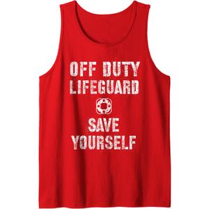 Funny OFF DUTY SAVE YOURSELF Lifeguard Swimming Pool Beach Tank Top (Small, Red)