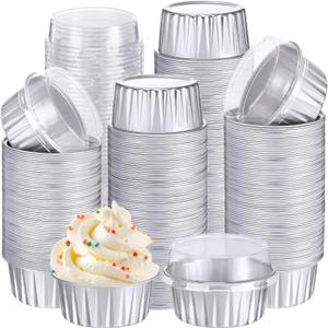 Gejoy 400 Pcs Aluminum Foil Baking Cups with Lids 5 oz Disposable Ramekins Mini Cake Pans Creme Brulee Cupcake Liners Muffin Tins Flan Mold Dessert Container for Wedding (Silver, Classic)