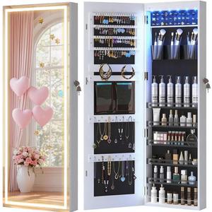 LVSOMT LED Mirror Jewelry Cabinet Door Hanging, Wall Mounted Jewelry Mirror Organizer Full Length, Lockable Jewelry Armoire, Large Capacity, for Small Space Bedroom, Gift for Women, White