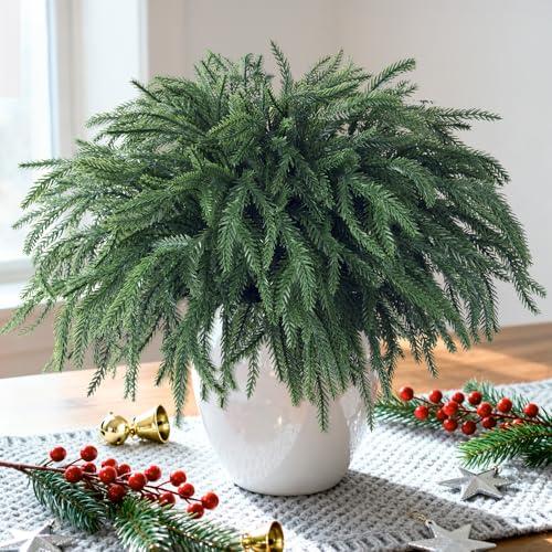 9 Pcs Christmas Norfolk Pine Stems Artificial Pine Branches, 16“ Real Touch Fake Christmas Greenery Stems, Faux Cedar Branches Picks for Vase DIY Crafts Garland Wreath Xmas Indoor Outdoor Home Decor