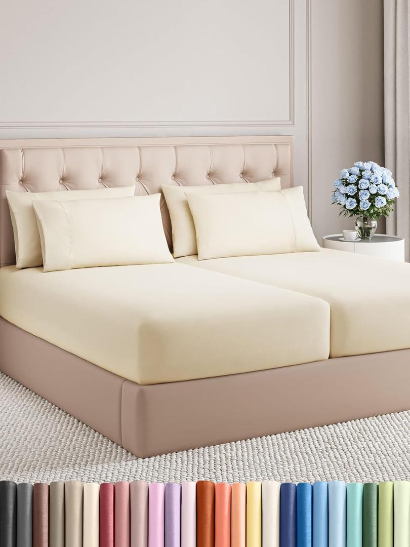 Split King 7 Piece Sheet Set - Comfy Breathable & Cooling - Soft Hotel Luxury Bedding Set with 8-16 Inch Deep Pockets - 1 Flat & 2 Fitted Sheet & 4 Pillowcases - Wrinkle Free & Easy Care - Off White