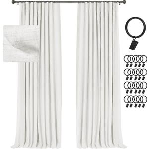 INOVADAY 100% Blackout Curtains for Bedroom, Black Out Curtains 96 Inch Long, Clip Rings Linen Blackout Drapes, Thermal Insulated Room Darkening for Living Room, 2 Panels - Snow White,W50xL96