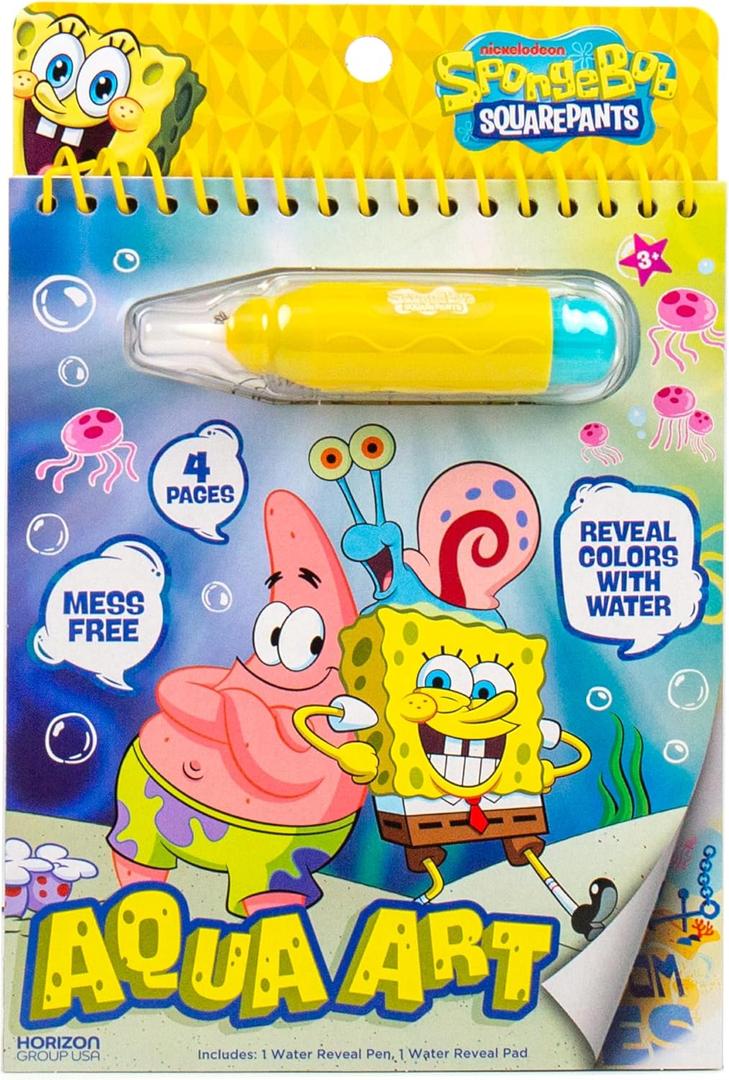 Spongebob Aqua Art, Mess-Free Water Reveal Coloring Book with Pen, No Mess Travel Activity Pad for Kids & Toddlers, Reusable Water Art Set, Preschool On-The-Go Toy, Mess Free Coloring for Toddlers