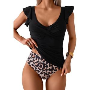 Aidonger Tankini Swimsuit for Women Tummy Control Two Piece Bathing Suit Ruched Ruffle Swimwear Top with Bottom XL, Black Leopard 