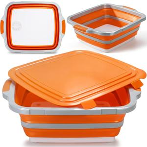 30L Collapsible BBQ Prep Tub with Locking Lid & Cutting Board - Marinade Container Grill Carry System for RV Picnic Tailgate - Portable Wash Basin for Kitchen Camping Sink - Gift for Men Women