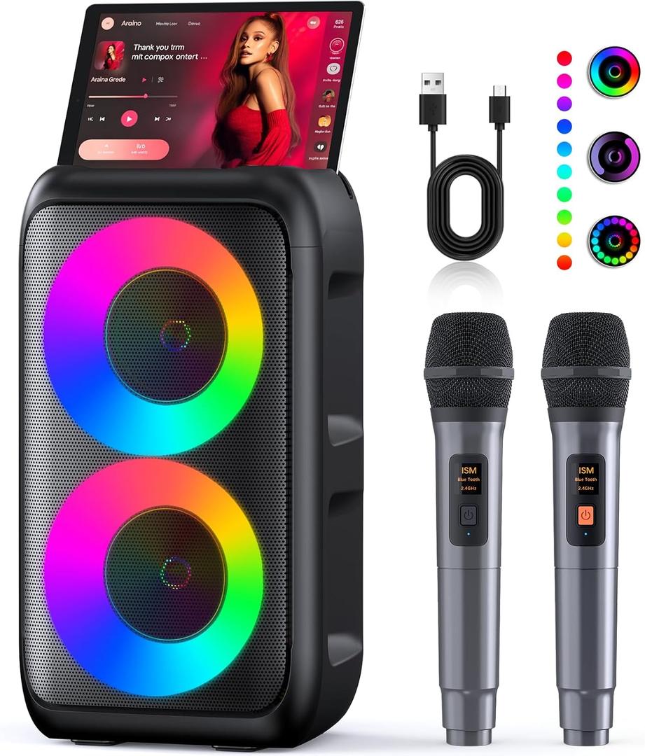Karaoke Machine, Portable Bluetooth Speaker with 2 Wireless Karaoke Microphones, Karaoke Machine for Adults Kids with PA System, Powered Cabinets Support TWS/TF/USB/AUX for Home Party Stage, Xmas Gifts (Black)