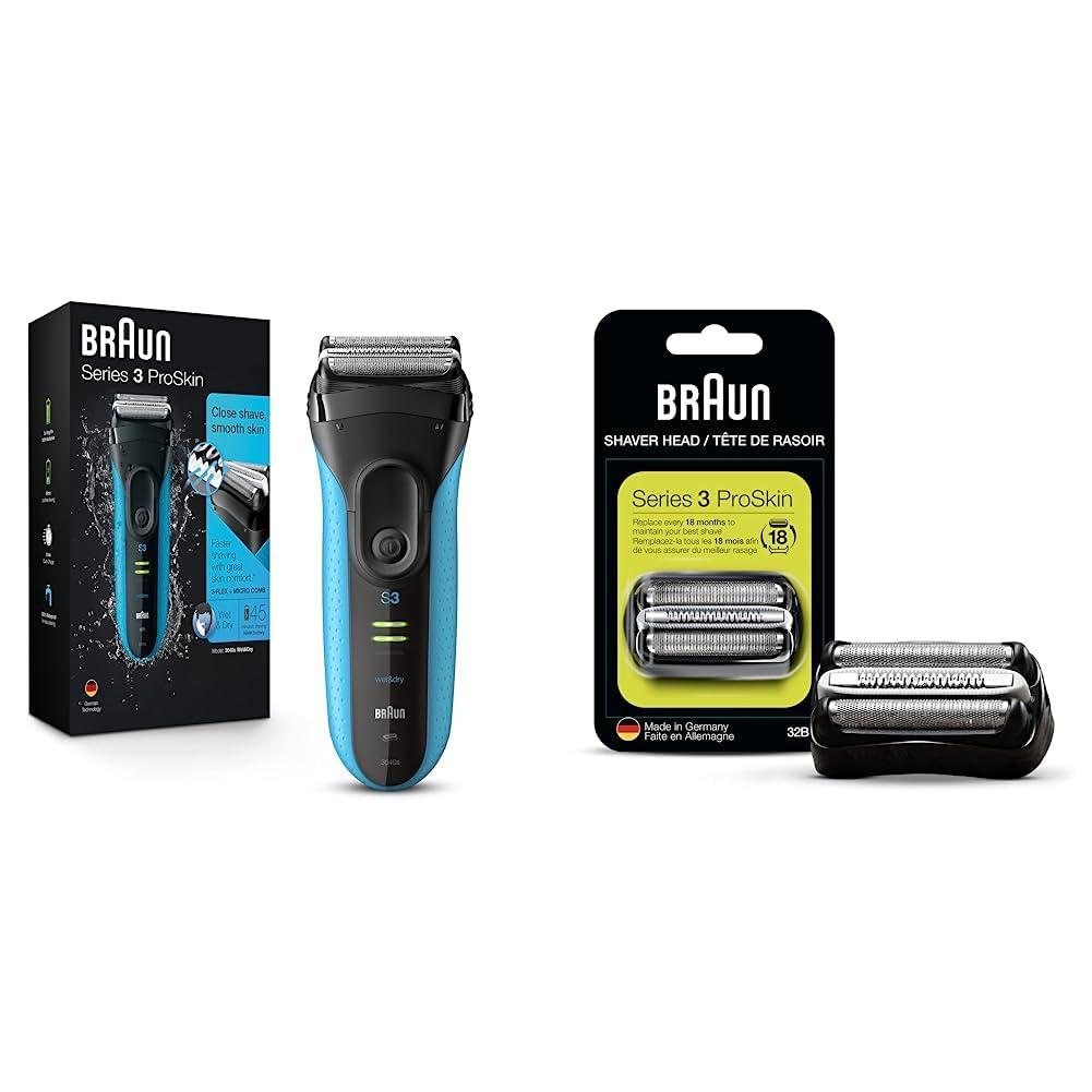 Braun Electric Series 3 Razor with Precision Trimmer, Rechargeable, Wet & Dry Foil Shaver for Men, Blue/Black, 4 Piece