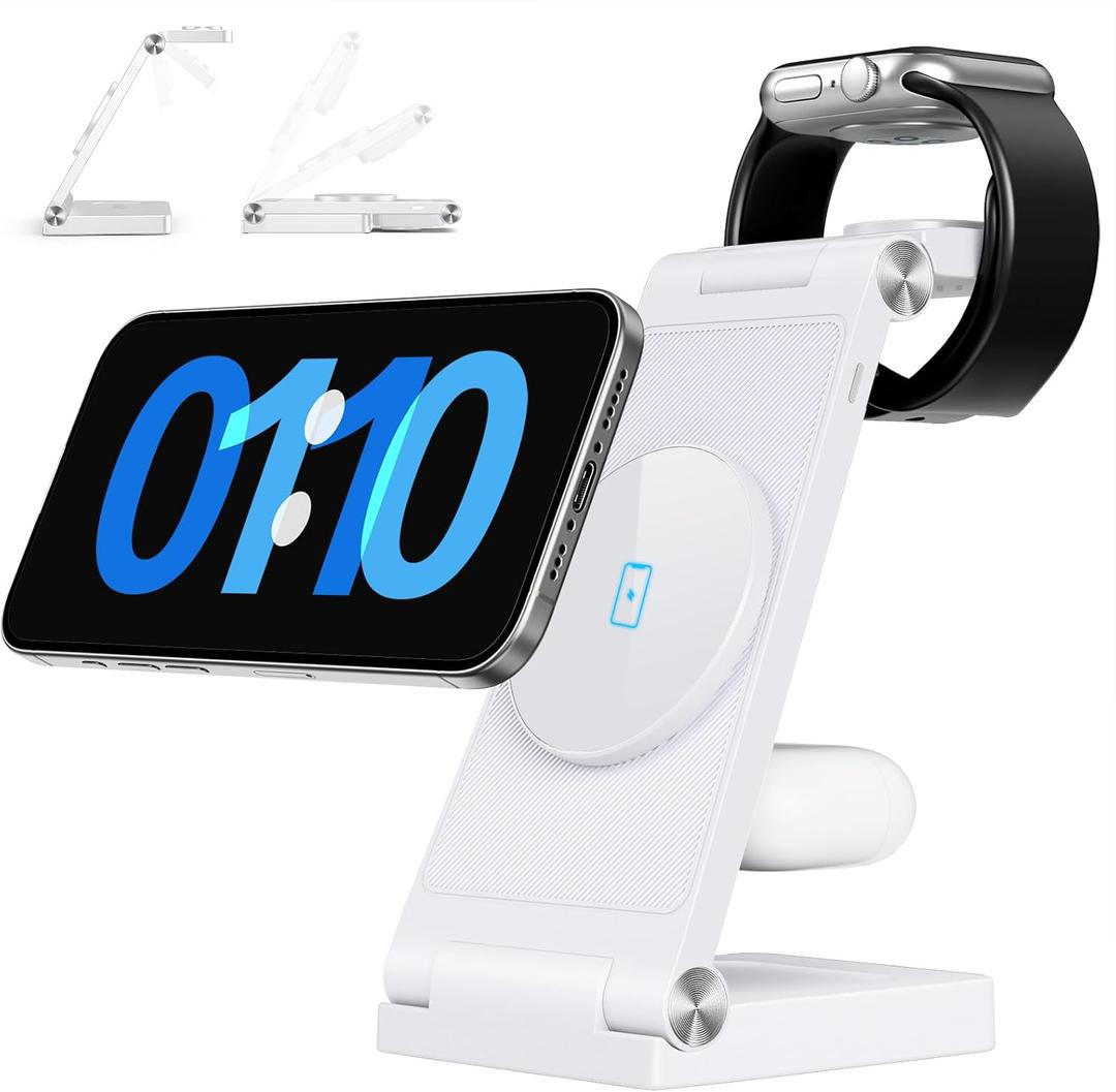 2025 Traveling Wireless Mag-Safe Fast Charging Station,Magnetic 3 in 1 Charger with Light for iPhone 16 15 14 13 12 Pro Max Plus,Apple Watch Series & Air pods 4 3 2 Pro-Gifts for Wife & Husband (White)
