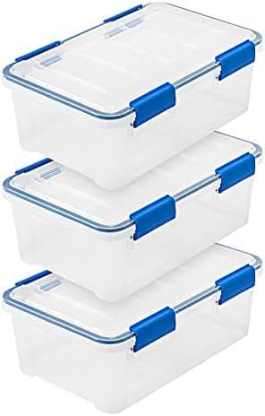 IRIS USA WeatherPro 16 Qt Storage Bins with Lids, 3 Pack, BPA-Free Plastic Gasket Box with Tight Latch and Seal, Stackable Nestable Tote Tub - Clear/Blue