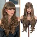Haloo Blonde Brown Wigs with Bangs - Long Layered Natural Looking Synthetic Heat Resistant Wavy Hair Wigs for Women Daily Party, 26 Inch Blonde Mixed Brown
