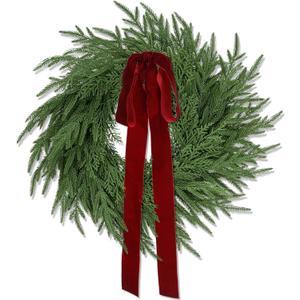 Artificial Norfolk Pine & Cedar Christmas Wreath with Velvet Bow – Real Touch Faux Greenery Holiday Front Door Decoration for Indoor Outdoor Use