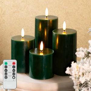 AFINETH Green Flameless Candles with Remote, Battery Operated Pillar Candles Real Wax, Flat Top Flickering Christmas LED Candle Decorations for Xmas, Home, Party Decor, Set of 4