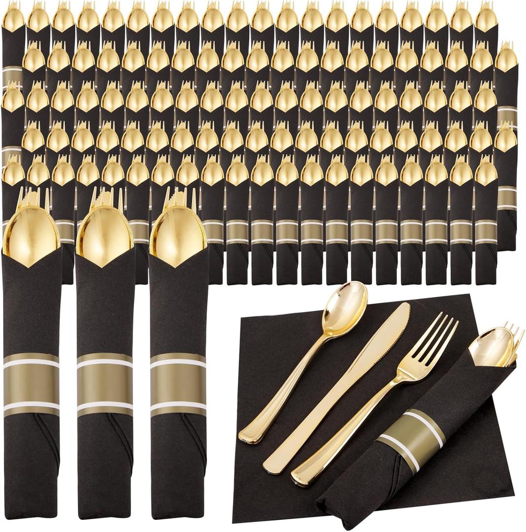 Supernal 120-Pack Pre-Rolled Silverware Set, Wrapped Disposable Silverware Set, Disposable Utensils Includes 120 Plastic Forks and Spoons, 120 Plastic Knives, 120 Napkins for Wedding, Birthday, Party (Black and Gold)
