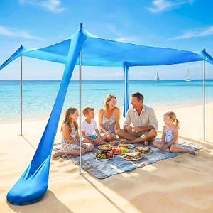 FILFEEL Large UPF50 Beach Tent Sun Shelter Up Outdoor Shade with 4 Aluminum Poles for Camping Fishing Picnic (Blue)