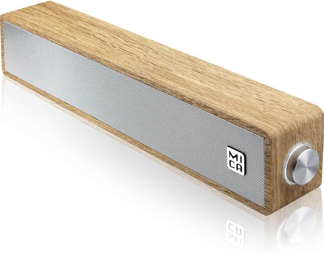 MICA Computer Speakers, Vintage Wired Computer Sound Bar, Retro Wooden Mini Soundbar, 3.5mm Aux Connection, USB Powered PC Speakers for Desktop Monitor, Laptop, Tablets (Yellow)