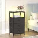Sthmec Nightstand with Charging Station,LED Black Nightstand with 3 Fabric Drawers PU Finish, Bedside End Tables, 2-Tier Open Storage Shelf Side Table Nightstand with Drawers for Bedroom,Black, 15.4''W * 11.6''D* 28.6''H