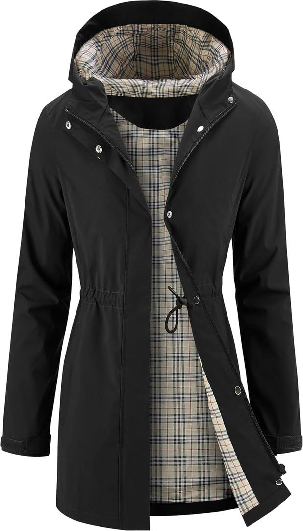 iCreek Women's Rain Jacket Long Raincoat Packable Hooded Waterproof Windproof Plaid Lined Trench Coat Lightweight for Outdoor (Black, M)