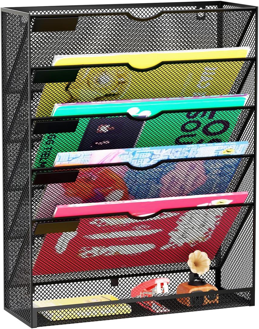 Hanging Wall File Organizer 6 Tier Wall Mounted Mail Paper Folder Holder Document Organization Stand, Vertical Desk Magazine Rack for Office Home Cubicle Countertop, Black