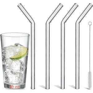 Reusable Glass Straws Shatter Resistant Bent 9 inch 8mm, Clear Glass Drinking Straws for16 oz Cups, Eco-Friendly, BPA Free, Durable and Thick Perfect for Hot & Cold Drinks