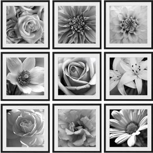 eletecpro 24x24 Picture Frames Set of 9, Classic Gallery Wall Frame Set for 20x20 Photos with Mat or 24x24 without Mat, Storyline Picture Frame for Art Prints, Black Poster Frames for Home Decor Wall