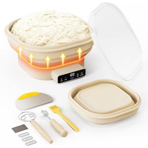 Heating Banneton Bread Proofing Basket, SMOOTHARMOR Electric Silicone Sourdough Starter Kit, 2L Foldable Thermostatic Sourdough Bread Baking Supplies, Timer & 6 Temp Settings, Dishwasher Safe, 7 Tools