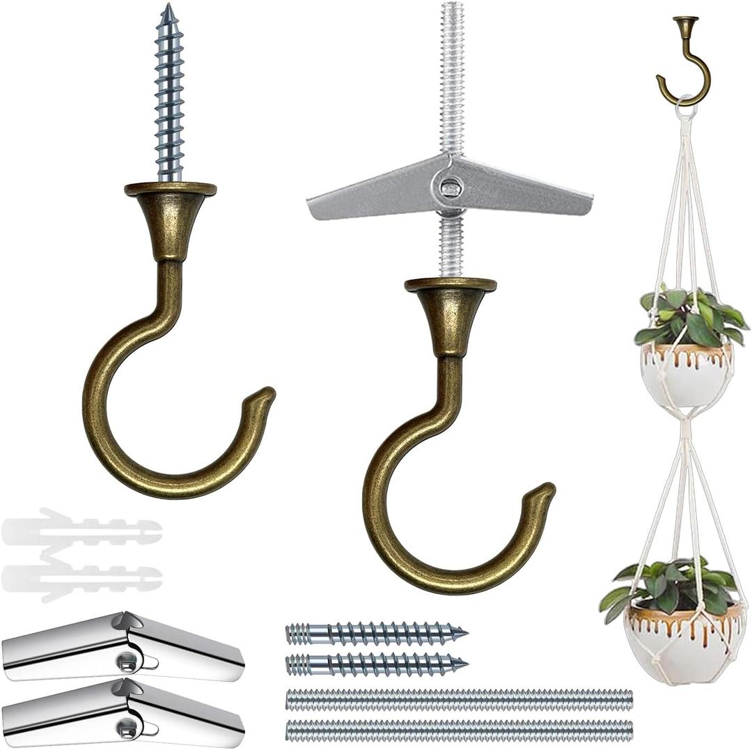 Large Swag Hooks for Ceiling - Heavy Duty Hooks for Hanging Plants and Chandeliers, Ideal for Cavity Wall Fixing and Ceiling Installation (2, Antique Brass)