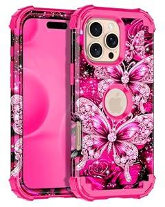 Hekodonk for iPhone 16 Pro Max Case, Glow in The Dark Three Layer Heavy Duty Shockproof Protection Hard Plastic+Soft Silicone Full Body Drop Protective Case for Apple iPhone 16 Pro Max, Hot Pink