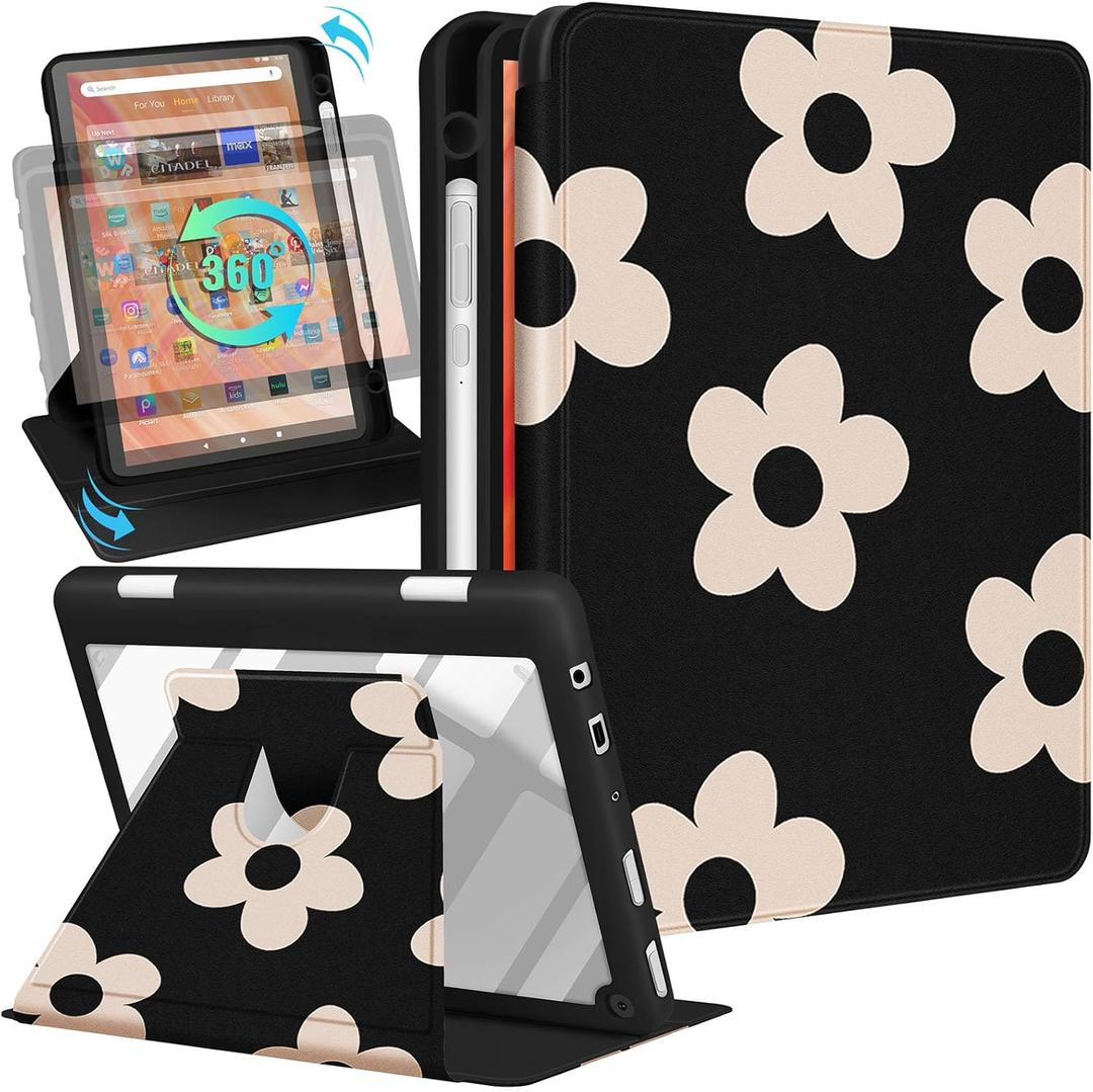 Kidcube for Kindle Fire HD 10/10 Plus Tablet Case - 13th/11th Generation (2023/2021) 10.1" Women Girls Cute Flowers Floral Design Rotating Stand Pencil Holder Folio Cases for Amazon Fire HD 10/10 Plus