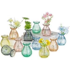 Hewory Small Bud Vases for centerpieces: 12 Pcs Glass Colored Vase for Flowers - Mini Ribbed Vases for Wedding Baby Bridal Shower Events Decorations