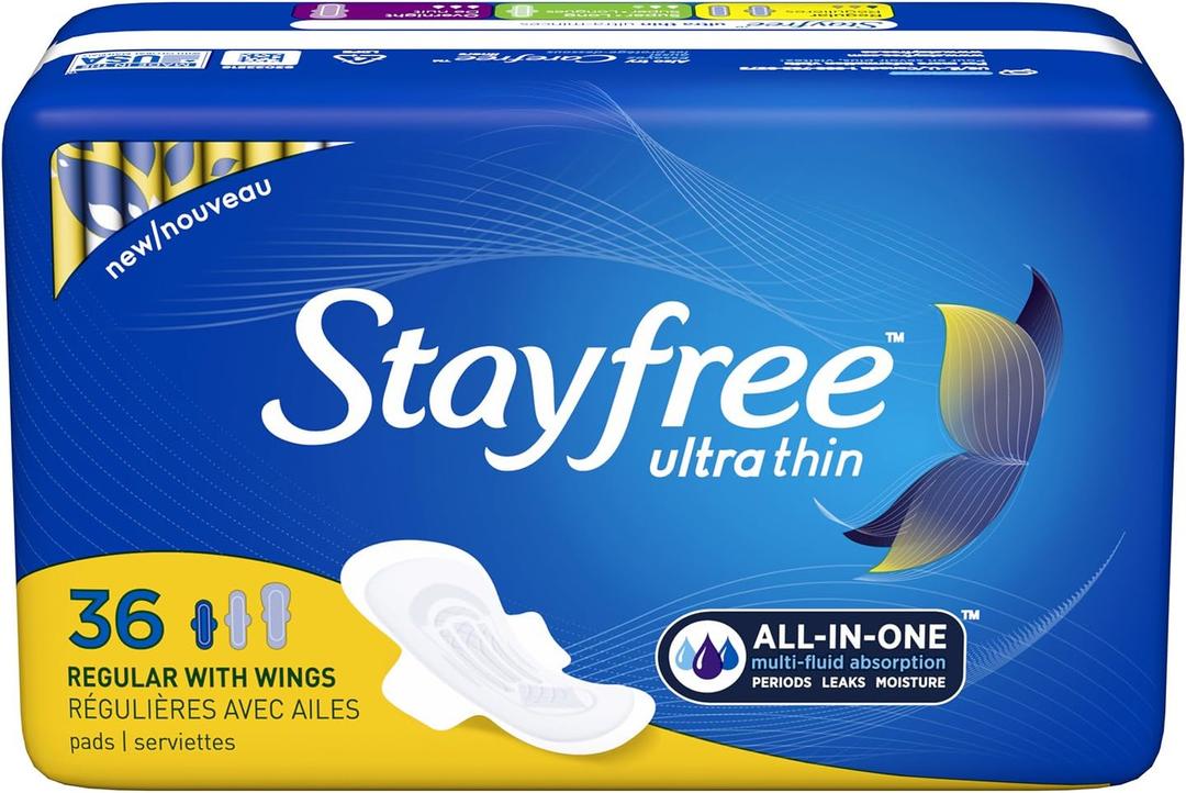 Stayfree Ultra Thin Regular Pads with Wings For Women, Reliable Protection and Absorbency of Feminine Moisture, Leaks and Periods, 36 count