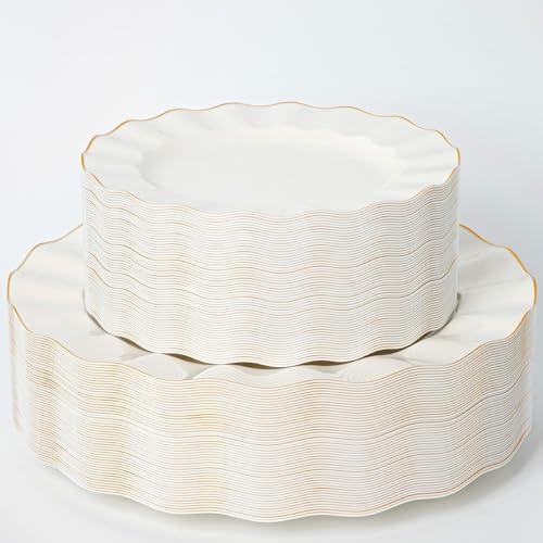HIGH END 100 Pcs Ivory Wave Plastic Plates with Gold Trim, Fancy Disposable Plate Sets Include 50 Dinner & 50 Dessert Plastic Plates, Elegant Disposable Plate Set For Party, Thanksgiving (30 Guests)