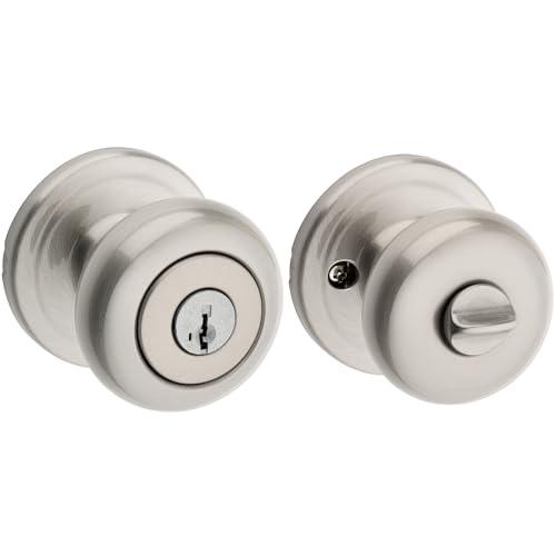Kwikset Juno Entry Door Knob with Lock and Key, Secure Keyed Handle Exterior, Front Entrance and Bedroom, Satin Nickel, Pick Resistant SmartKey Rekey Security and Microban, 2