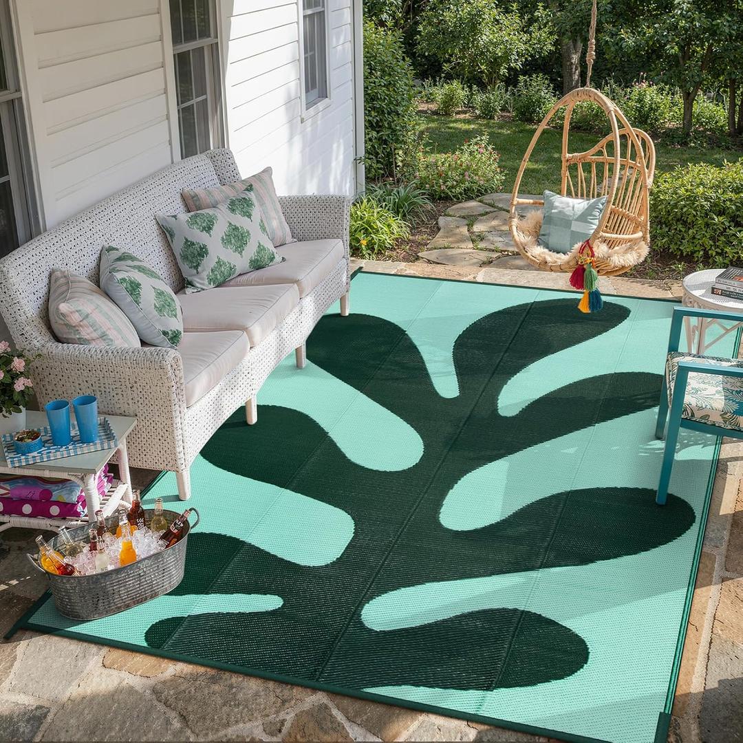 Wonnitar Abstract 8x10 Outdoor Rugs, Modern Coral Waterproof Reversible Plastic Straw Rug for Patio, Foldable Lightweight Outside Carpet for Deck, Balcony, RV, Beach, Green