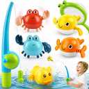 TOY Life Bath Toys for Kids Ages 1-3, Magnetic Fishing Game with Mold Free Wind Up Bath Toys for Toddlers 1-3 & Toy Fishing Pole & Fishing Net, Water Table Pool Fun Bathtub Toys for Baby Infant (Duck Whales Crabs)