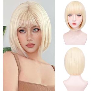 Blonde Bob Wigs for White Women - 12'' Short Bob Wigs With Bangs Natural Fashion Synthetic Wig Colorful Synthetic Hair for Daily Cosplay Halloween