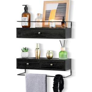 dreampossible 2Pack Rustic Floating Shelves with Drawer, Black, 15.8 Inch Long, WallMounted, Bathroom, Kitchen, Living Room Storage
