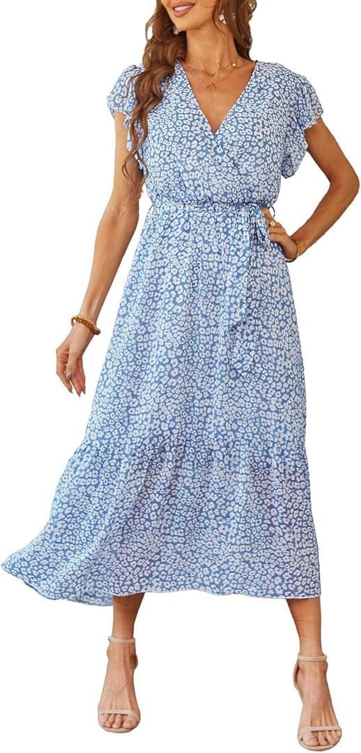 PRETTYGARDEN Women's Summer Floral Boho Dress Wrap V Neck Short Sleeve Ruffle A-Line Flowy Maxi Wedding Guest Dresses (Light Blue, Large)