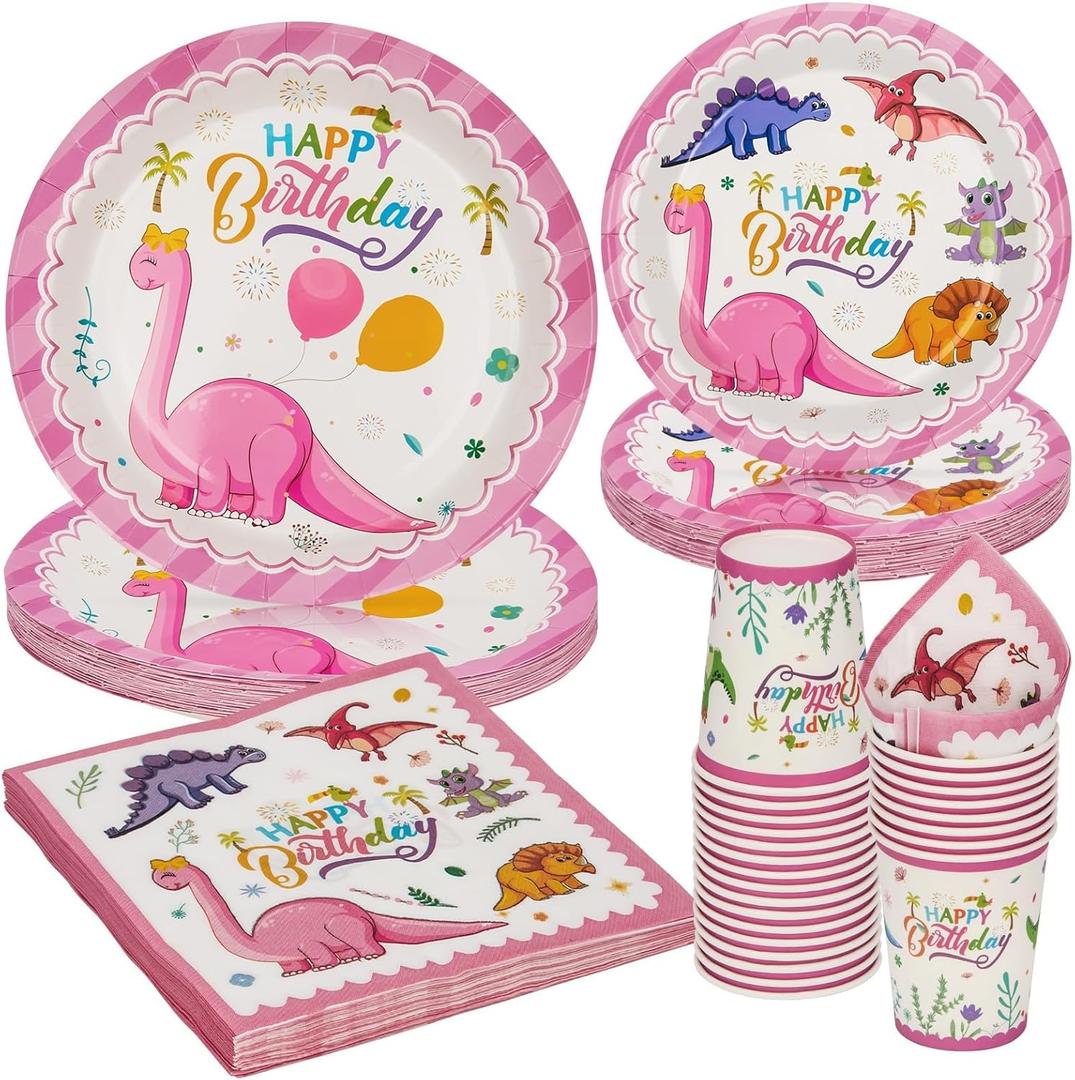 168PCS Dinosaur Party Supllies for Girls Pink Cartoon Dino Birthday Party Decorations Watercolor Dino Plates Cups Napkins Cups Forks Knives and Straws Tableware Set for 24 Guests