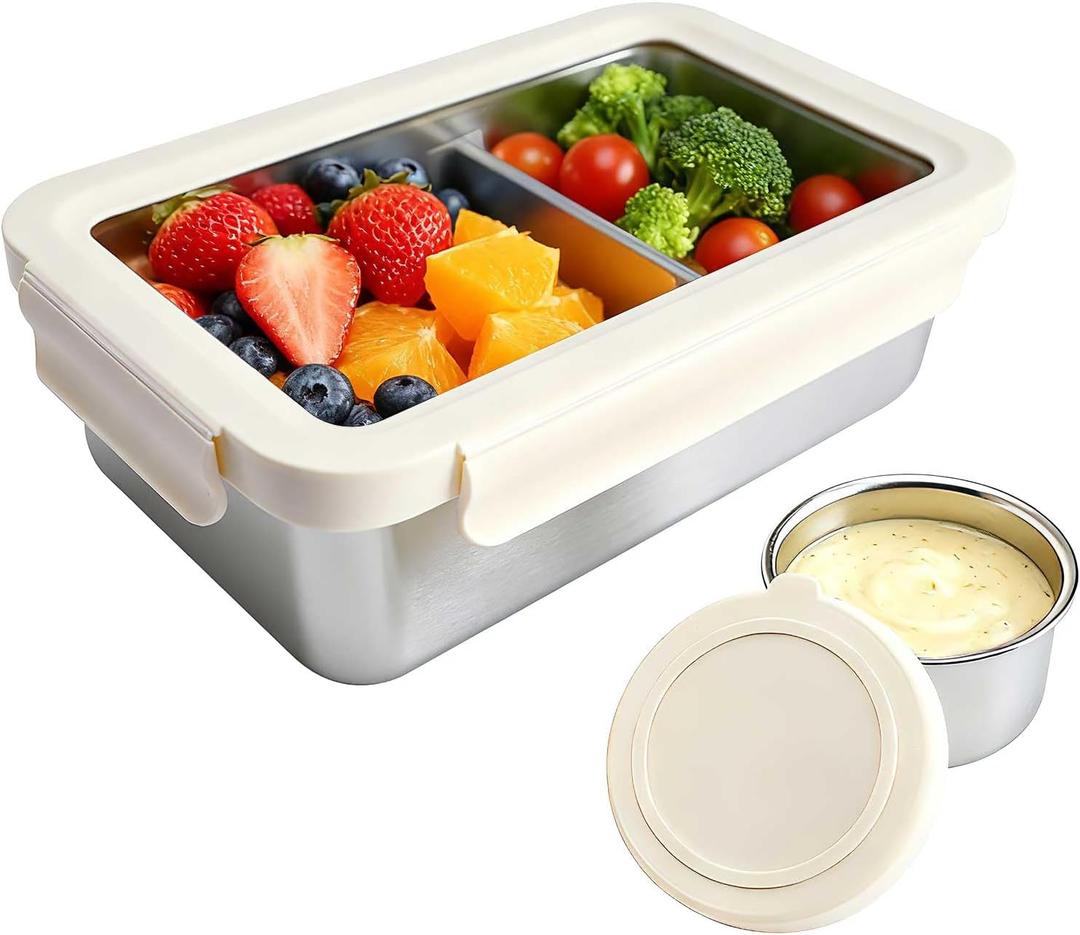 YINGRACE Stainless Steel Lunch Box Container for Adult, 42oz/1250ml Leak Proof Bento Box, Microwave-Safe with Removable Divider, Clear Airtight Lid Lunchbox for Work, Hike, Travel, Silver