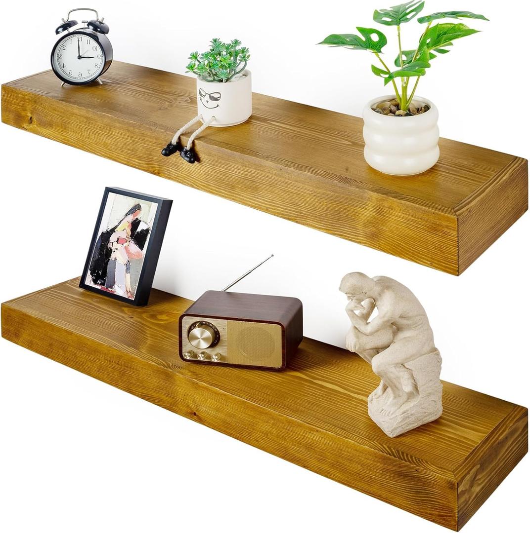 Floating Shelves 3 inch Thick for Wall Set of 2,Solid Pine Wood Wall Mount Shelf for Kitchen Living Room Bedroom Bathroom,8" D x 30" L x 3" H-Gold Oak