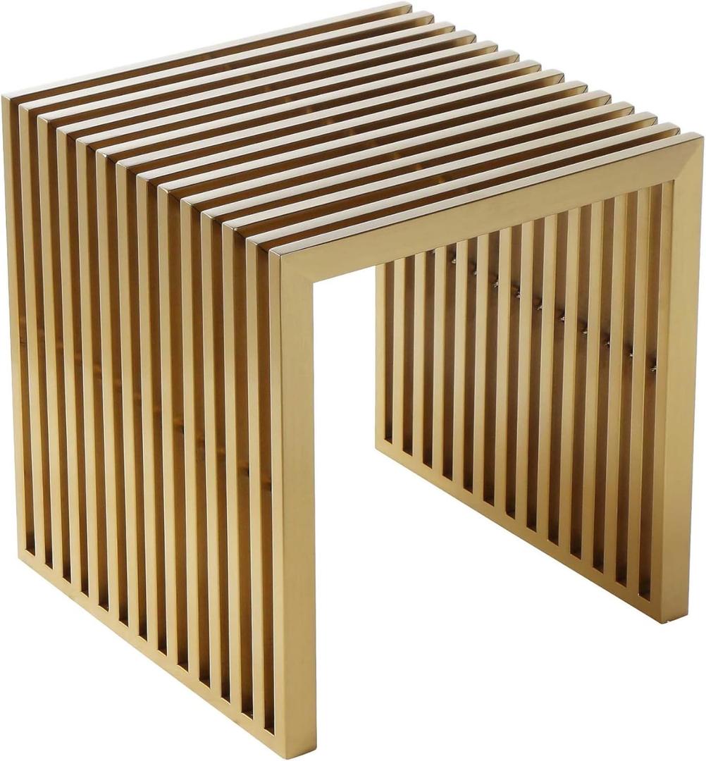 Benjara Niki 17 Inch Accent Stool, Slatted Design, Square, Luxurious Brushed Gold