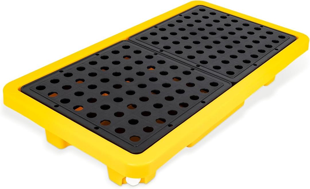 2 Drum Spill Containment Pallets with Drain, Leakproof Platform for Garage, Basement, Industrial Storage (1 Pack, 26" x 14" x 4.7", 176 lbs Load Capacity, 5.3 Gallon Sump)