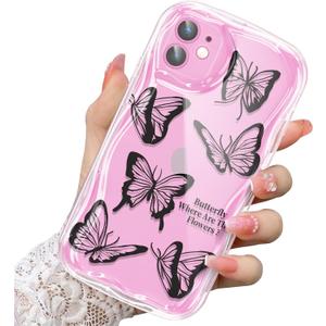 2 x Compatible for iPhone 11 Case, Pretty Butterfly Print Three-Dimensional Wave Clear Case for Girls Women, Soft Full Package Anti-Fall Cover for iPhone 11, Black Butterfly