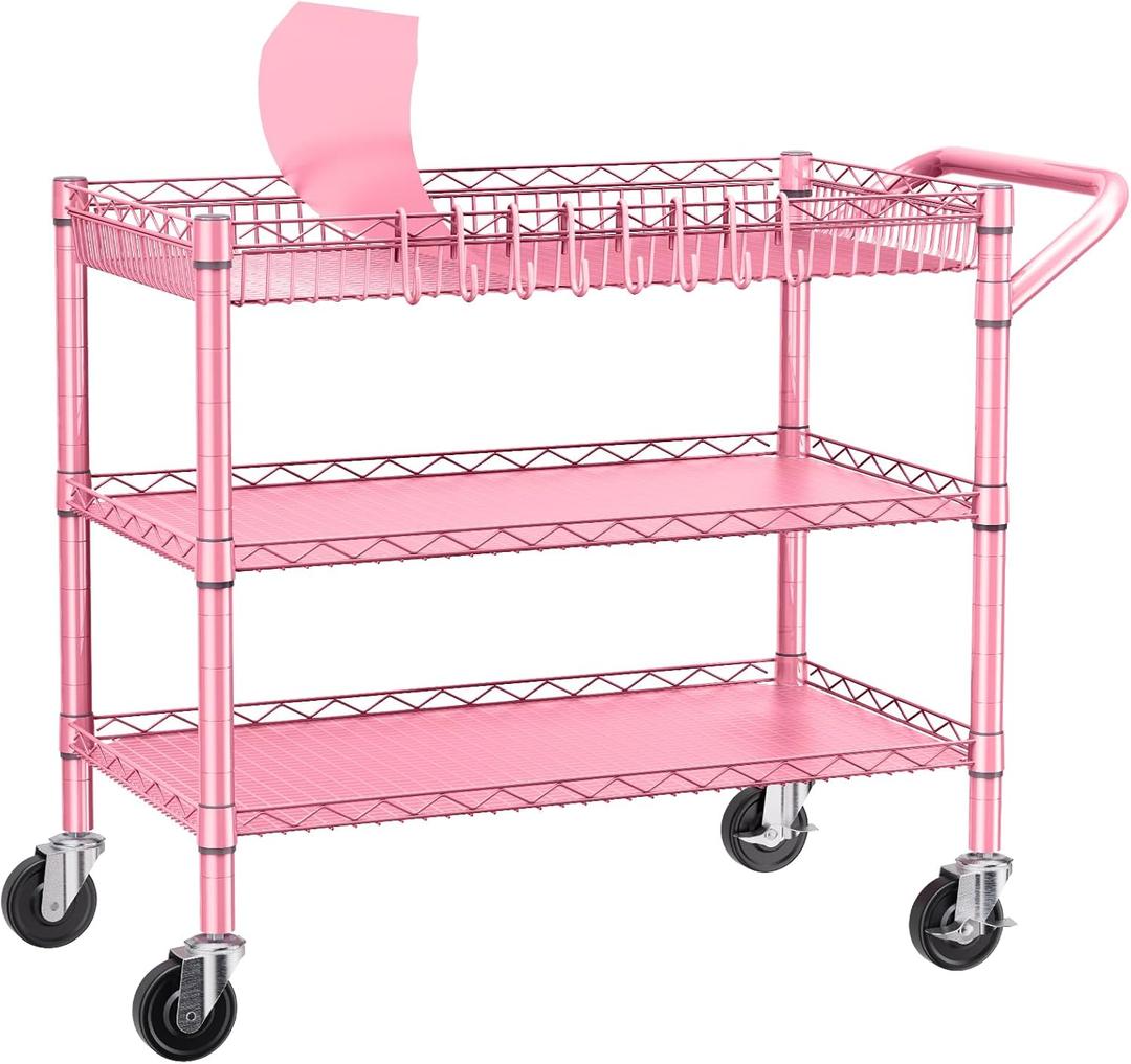 NTE Utility Cart with Wheels, 990lbs Capacity Metal 3 Tier Rolling Carts, NSF Kitchen Carts On Wheels with Storage, Heavy Duty Utility Cart with Handle & Wire Shelf for Indoor & Outdoor Use, Pink