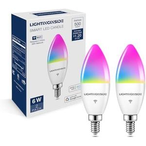 Lightinginside E12 Smart Light Bulbs 60W Equiv., Work with Alexa/Google Home/Smart Life, 500LM 6W RGBCW Candle Candelabra LED Light Bulbs, No Hub Required, 2.4G WiFi Bluetooth Bulb, ETL Listed, 2PCS